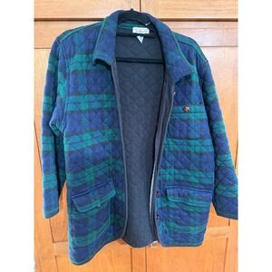 Talbots Quilted Jacket Women Medium Blue Green Plaid Cotton Barn Coat Button Up